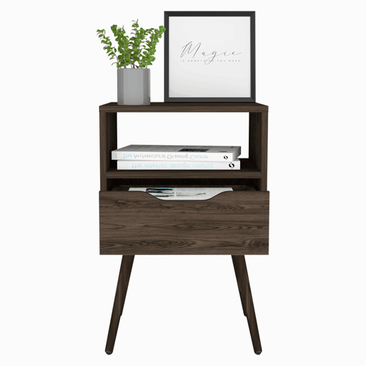 Mesa de cabeceira Otom em melamina com 1 prateleira e 1 gaveta com calha metálica, castanho, 63 cm X 40 cm X 35 cm