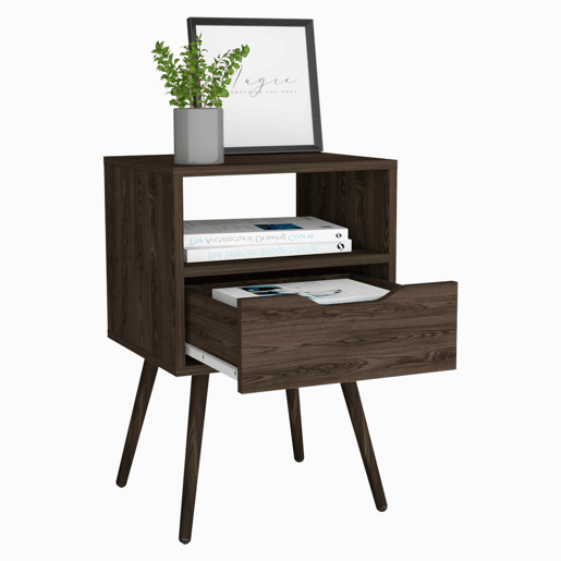 Mesa de cabeceira Otom em melamina com 1 prateleira e 1 gaveta com calha metálica, castanho, 63 cm X 40 cm X 35 cm