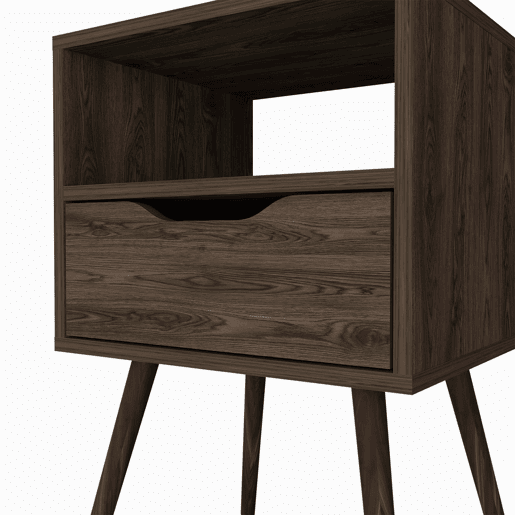 Mesa de cabeceira Otom em melamina com 1 prateleira e 1 gaveta com calha metálica, castanho, 63 cm X 40 cm X 35 cm