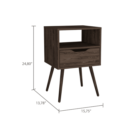 Mesa de cabeceira Otom em melamina com 1 prateleira e 1 gaveta com calha metálica, castanho, 63 cm X 40 cm X 35 cm