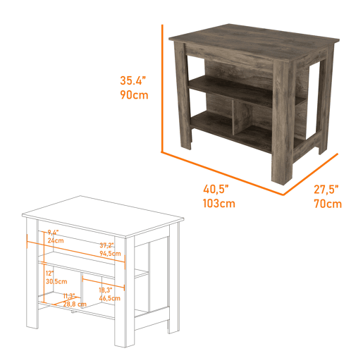 Ilha de cozinha Cala em melamina com 3 prateleiras, castanho, 90 cm X 103 cm X 70 cm