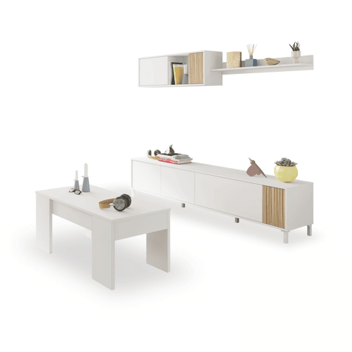 Conjunto de sala de estar com mesa de centro Nitza Plus V2 Blanco Artik (Blanco Mate) - Natur 200 x 47 x 40 cm