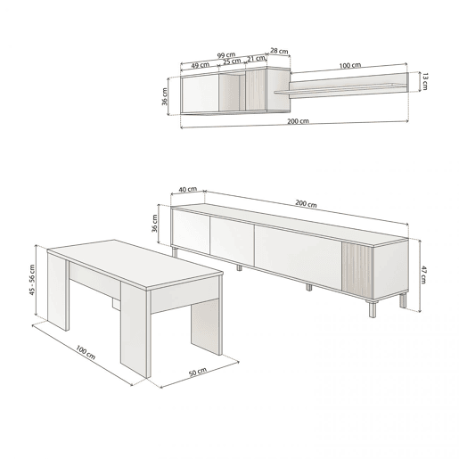 Conjunto de sala de estar com mesa de centro Nitza Plus V2 Blanco Artik (Blanco Mate) - Natur 200 x 47 x 40 cm