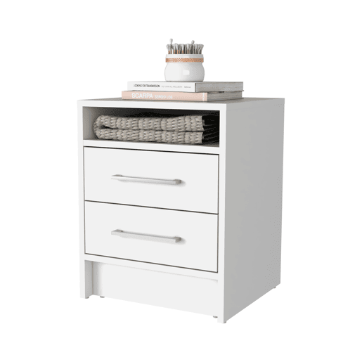 Mesa de cabeceira Ether em melamina com 1 prateleira e 2 gavetas com calhas metálicas , branco , 50.7 cm X 40 cm X 37 cm