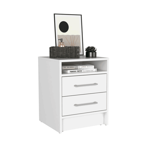 Mesa de cabeceira Ether em melamina com 1 prateleira e 2 gavetas com calhas metálicas , branco , 50.7 cm X 40 cm X 37 cm
