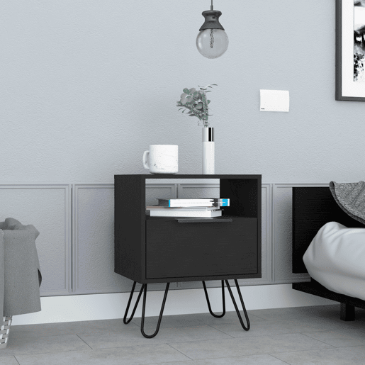 Mesa de cabeceira Augusta em melamina com 2 prateleiras e 1 armário inferior, preto, 56.4 cm X 45 cm X 34.8 cm