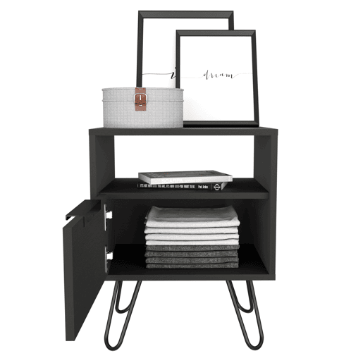 Mesa de cabeceira Augusta em melamina com 2 prateleiras e 1 armário inferior, preto, 56.4 cm X 45 cm X 34.8 cm