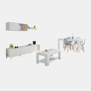 Pack salón con mesa de centro Nitza Max V1A Blanco Artik (Blanco Mate) - Natur 200 x 47 x 40 cm