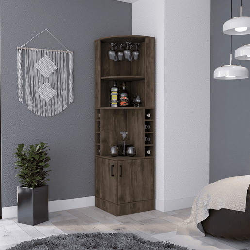 Armário bar em melamina Syrah com 4 prateleiras, 2 portas, 4 suportes para copos e 4 suportes para copos, castanho, 180.6 cm X 46.9 cm X 46.9 cm