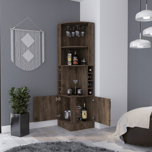 Armário bar em melamina Syrah com 4 prateleiras, 2 portas, 4 suportes para copos e 4 suportes para copos, castanho, 180.6 cm X 46.9 cm X 46.9 cm