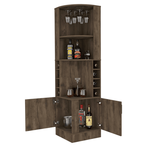 Armário bar em melamina Syrah com 4 prateleiras, 2 portas, 4 suportes para copos e 4 suportes para copos, castanho, 180.6 cm X 46.9 cm X 46.9 cm