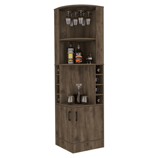 Armário bar em melamina Syrah com 4 prateleiras, 2 portas, 4 suportes para copos e 4 suportes para copos, castanho, 180.6 cm X 46.9 cm X 46.9 cm