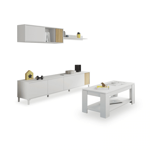 Conjunto de sala de estar com mesa de centro Nitza Plus V1 Blanco Artik (Blanco Mate) - Natur 200 x 47 x 40 cm