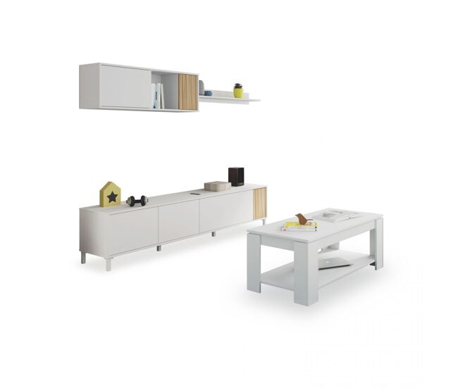 Pack salón con mesa de centro nitza plus v1 blanco artik (blanco mate) - natur 200 x 47 x 40 cm