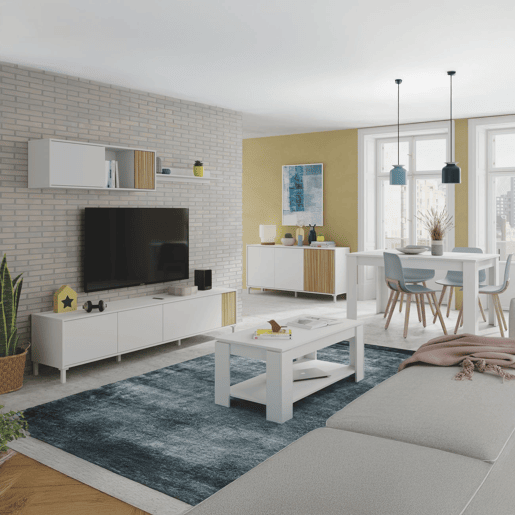 Conjunto de sala de estar com mesa de centro Nitza Plus V1 Blanco Artik (Blanco Mate) - Natur 200 x 47 x 40 cm