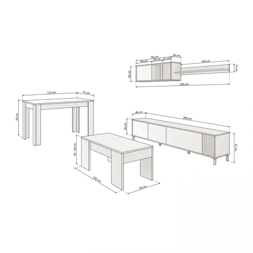 Conjunto de sala de estar com mesa de centro e mesa de jantar Nitza Max V2B Blanco Artik (Blanco Mate) - Natur 200 x 47 x 40 cm