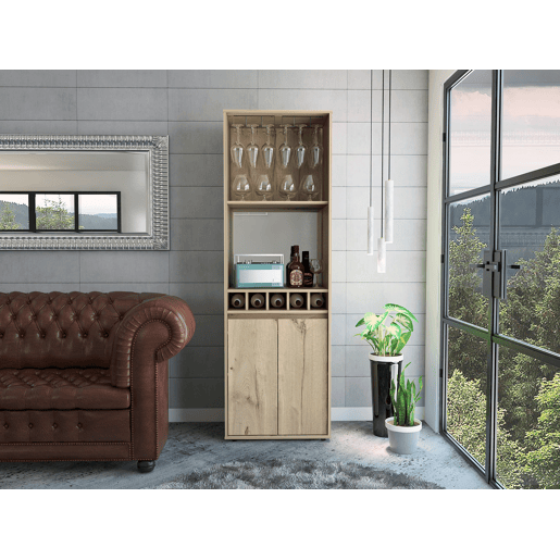 Armário bar em melamina Prana com 4 prateleiras, 2 portas, 4 suportes para garrafas e 6 suportes para copos, bege, 180 cm X 58.4 cm X 37 cm