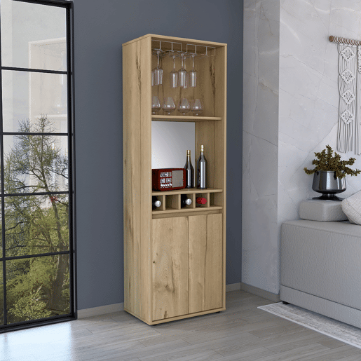 Armário bar em melamina Prana com 4 prateleiras, 2 portas, 4 suportes para garrafas e 6 suportes para copos, bege, 180 cm X 58.4 cm X 37 cm