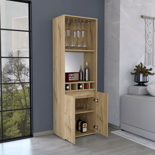 Armário bar em melamina Prana com 4 prateleiras, 2 portas, 4 suportes para garrafas e 6 suportes para copos, bege, 180 cm X 58.4 cm X 37 cm