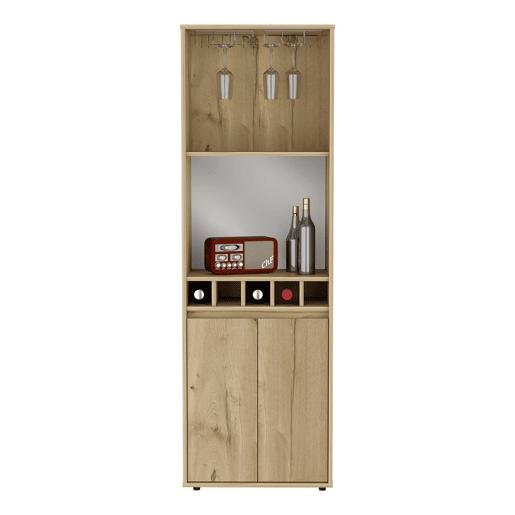 Armário bar em melamina Prana com 4 prateleiras, 2 portas, 4 suportes para garrafas e 6 suportes para copos, bege, 180 cm X 58.4 cm X 37 cm