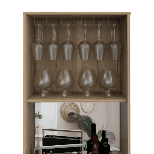 Armário bar em melamina Prana com 4 prateleiras, 2 portas, 4 suportes para garrafas e 6 suportes para copos, bege, 180 cm X 58.4 cm X 37 cm