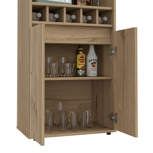 Armário bar em melamina Prana com 4 prateleiras, 2 portas, 4 suportes para garrafas e 6 suportes para copos, bege, 180 cm X 58.4 cm X 37 cm