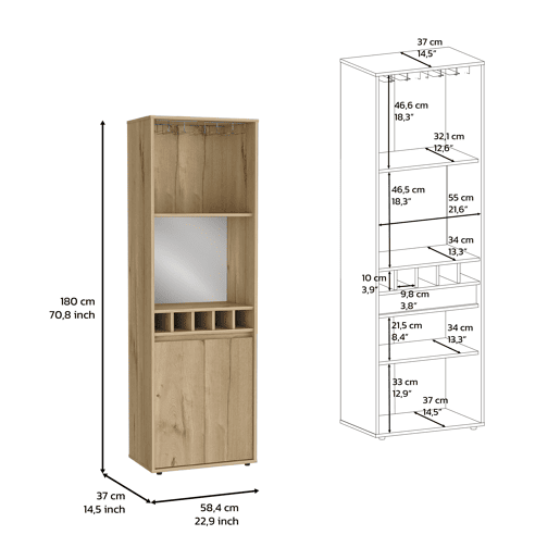 Armário bar em melamina Prana com 4 prateleiras, 2 portas, 4 suportes para garrafas e 6 suportes para copos, bege, 180 cm X 58.4 cm X 37 cm