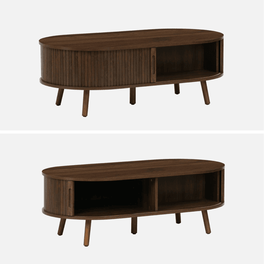 Mesa de centro com portas de correr e compartimentos efeito de madeira, Legacy, Madeira de nogueira, 110x59x39 cm