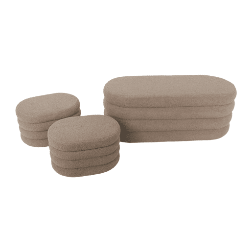 Banco baú com 2 puffes de arrumação boucle, Snow, Taupe, 45x111x42.5 cm