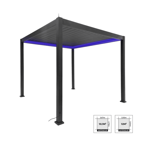 Pérgola bioclimática elétrica de alumínio 3x3m com iluminação LED, Triomphe 3x3m LED, Antracite, 291x301x250 cm