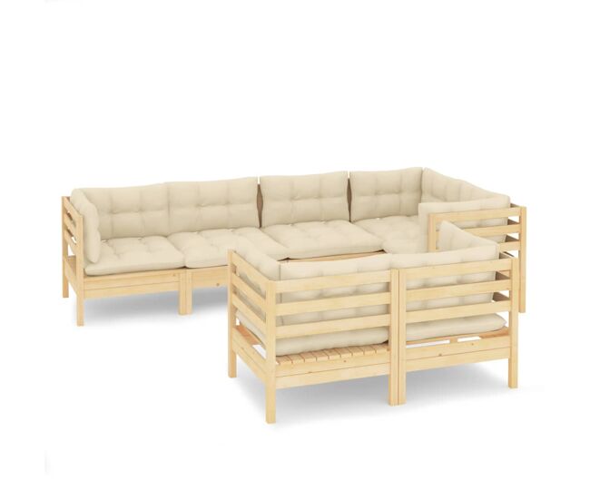 Muebles de jardín 7 pzas y cojines madera maciza de pino crema