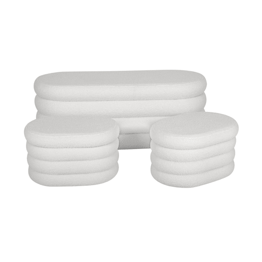 Banco baú com 2 puffes de arrumação boucle, Snow, Branco, 45x111x42.5 cm