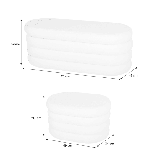 Banco baú com 2 puffes de arrumação boucle, Snow, Branco, 45x111x42.5 cm