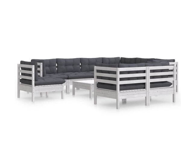 Muebles de jardín 10 pzas con cojines blanco madera maciza pino