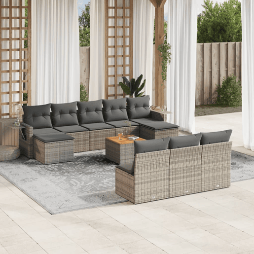 vidaXL 11 pcs conjunto sofás de jardim c almofadões vime PE cinzento vidaXL 11 pcs conjunto sofás de jardim c almofadões vime PE cinzento