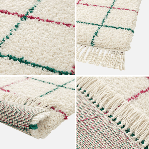 Tapete interior felpuda padrão xadrez multicolorido com franjas, Edward, 150x80x3 cm