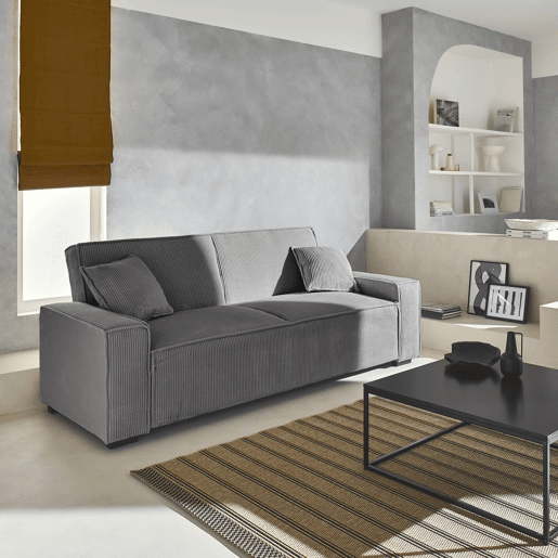 Sofá-cama em tecido veludo canelado grosso de 3 lugares, Feel veludo canelado, Cinza Claro, 231x96.5x80 cm