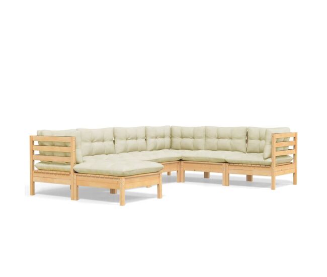 Muebles de jardín 7 pzas y cojines madera maciza de pino crema