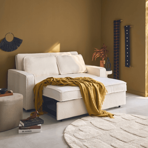 Sofá-cama bouclette de 3 lugares, branco creme Sofá-cama bouclette de 3 lugares, branco creme