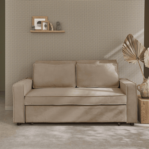 Sofá-cama conversível em veludo caneladode 3 lugares, Chill veludo canelado, Beige, 172.5x91.5x88.5 cm