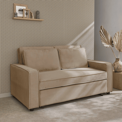 Sofá-cama conversível em veludo caneladode 3 lugares, Chill veludo canelado, Beige, 172.5x91.5x88.5 cm