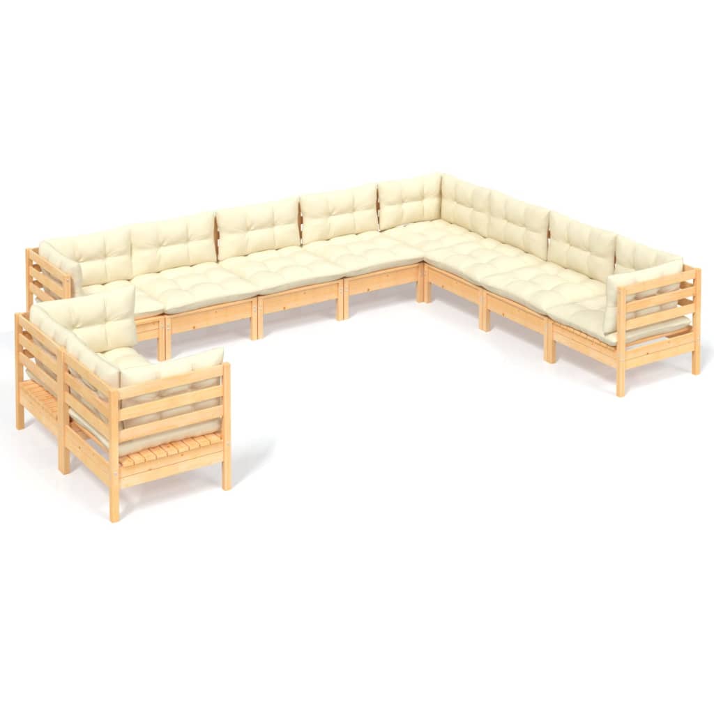 Muebles de jardín 10 pzas y cojines madera maciza de pino crema
