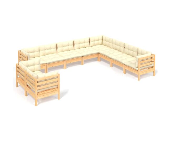 Muebles de jardín 10 pzas y cojines madera maciza de pino crema
