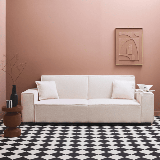 Sofá-cama de 3 lugares em tecido boucle branco creme, Feel boucle, Creme, 231x96.5x80 cm