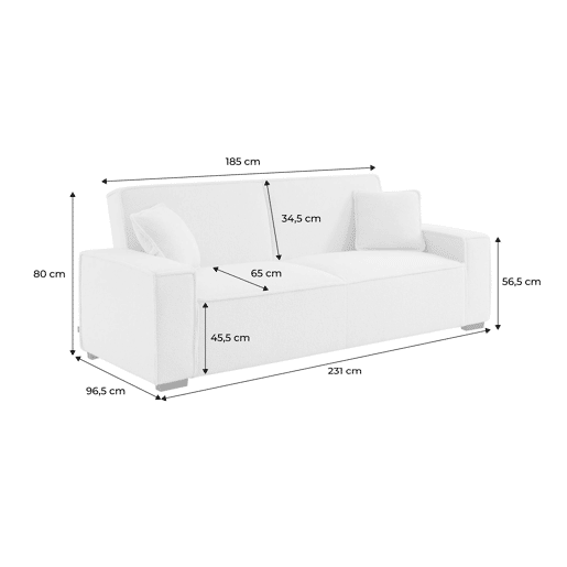Sofá-cama de 3 lugares em tecido boucle branco creme, Feel boucle, Creme, 231x96.5x80 cm