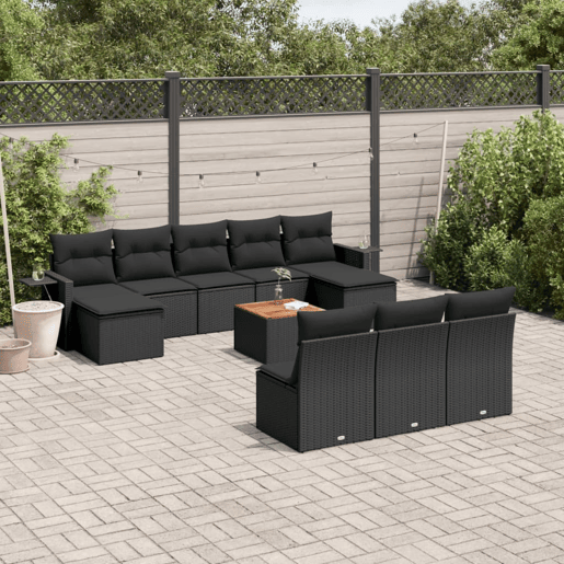 vidaXL 11 pcs conjunto sofás de jardim c almofadões vime PE preto vidaXL 11 pcs conjunto sofás de jardim c almofadões vime PE preto