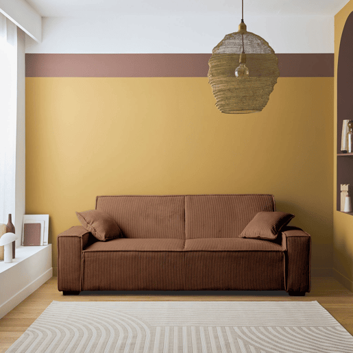 Sofá-cama de 3 lugares em veludo cotelê Camel L 231 x P 96,5 x A 80cm
