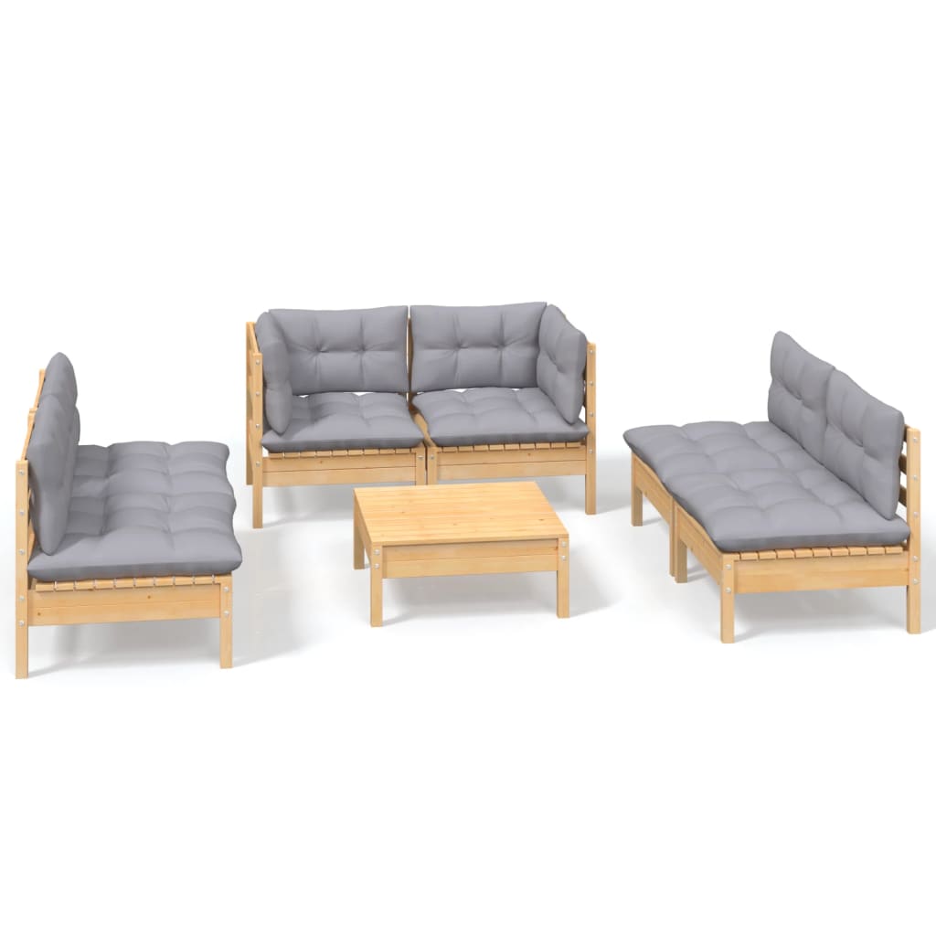 Muebles de jardín 7 pzas y cojines madera maciza de pino