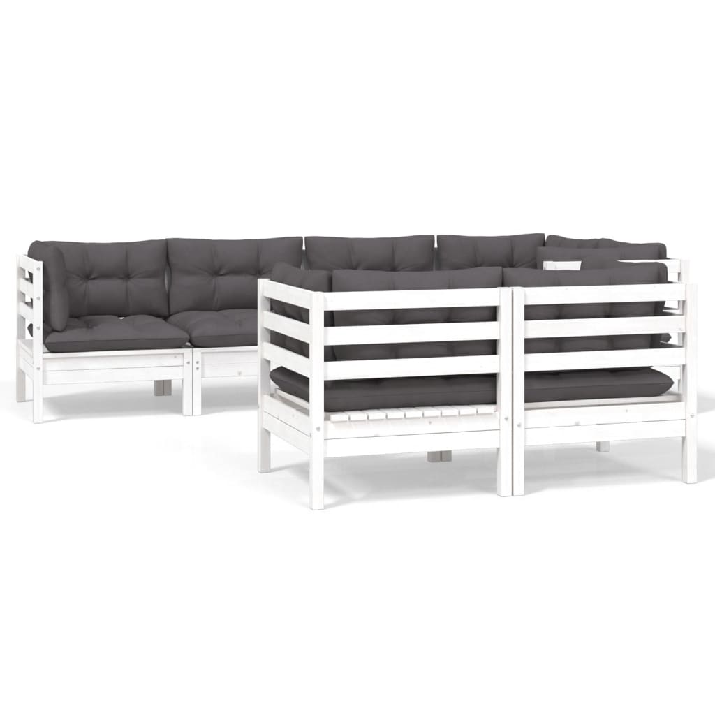 Muebles de jardín 7 pzas y cojines blanco madera maciza de pino