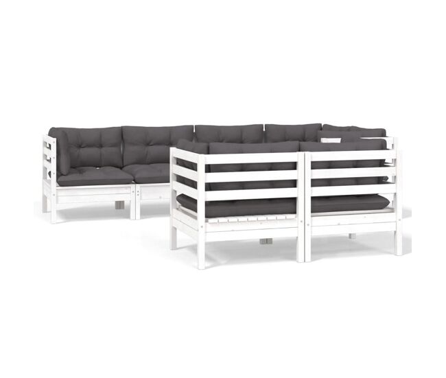 Muebles de jardín 7 pzas y cojines blanco madera maciza de pino